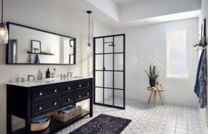 Gridscape shower panel in a bright bathroom.